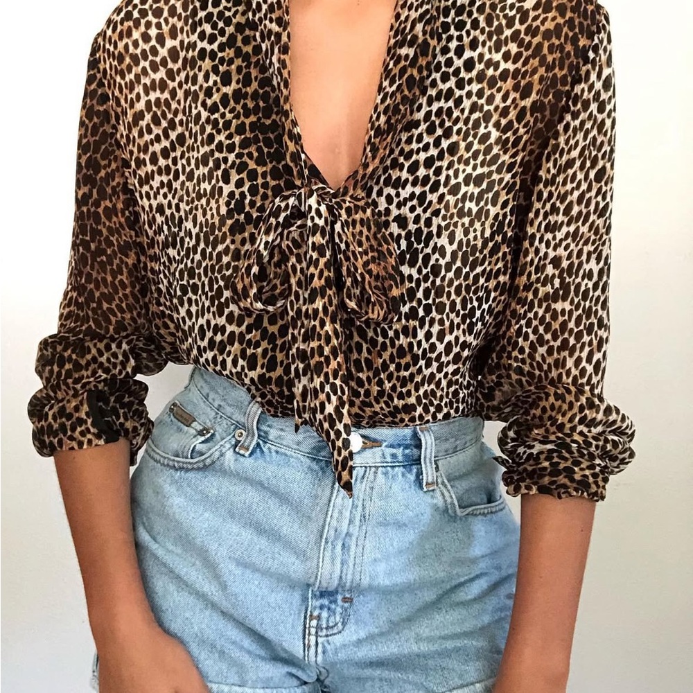 Vintage Leopard Print Women's Top 100% Silk with Bow